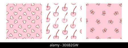Coquette seamless pattern set with cute hearts, cherries and butterflies in soft pink and red colors. Hand drawn girly background perfect for Valentines Day, baby designs, stationery and packaging. Stock Vector