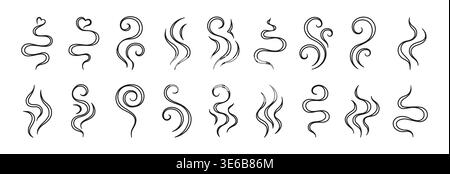 Steam and smoke icon set hand drawn doodle line set. Flowing swirls and curved lines representing aroma waves air scent. Minimal linear symbols soft motion, abstract vapor shapes and dynamic fluid Stock Vector