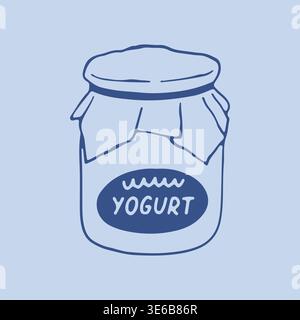 Hand drawn vector of a yogurt glass jar with a metal lid and a cloth cover tied with a string. Rustic line art illustration for organic and natural Stock Vector
