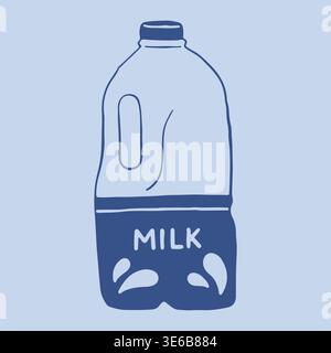 Hand drawn vector of a large milk jug container with a side handle and a dark blue label. Simple line art illustration featuring handwritten text and Stock Vector