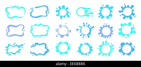 Liquid shapes icon sign set. Symbol fluid puddles, wavy stains splashes water drops blobs. Bubble watery background for text. Smooth blotches soft uneven spills drips abstract shapes frames design Stock Vector