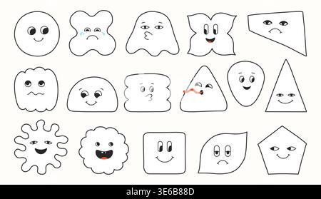 Geometric characters line set blob shapes and expressive comic smiling childish different faces. Abstract playful figures eyes emotions quirky forms. Fun modern cartoon geometry drawing happy face art Stock Vector