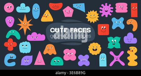 Geometric shape characters set cute blob faces and funny expressions. Abstract playful organic forms with eyes and emotions messy modern geometry smiling figures grained decorative children design Stock Vector