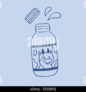 Hand drawn vector of a small glass milk bottle with an open cap and splashes of liquid. Playful line art illustration with a happy cow cartoon face on Stock Vector