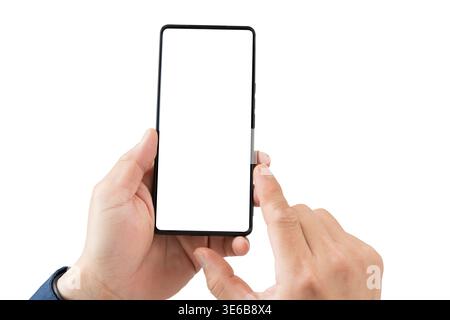 Close-up of hands holding smartphone with blank screen and touch gesture on isolated background, ideal for mobile app mockup, UI design, digital inter Stock Photo