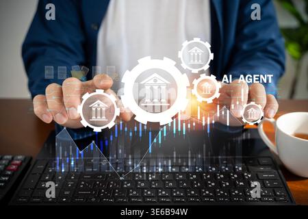 Holographic banking gears, charts, and AI agent interface hover above a laptop, presenting intelligent fintech automation, financial analytics, proces Stock Photo