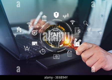 Close-up of a business professional examining AI finance technology through a magnifying glass beside a laptop, visualizing fintech analytics, banking Stock Photo