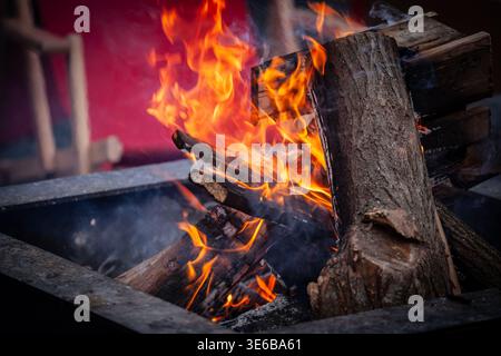 Close view of burning wood in a fire pit, with bright orange flames, smoke and charred logs, showing heat, combustion and the texture of an active ope Stock Photo