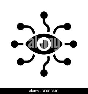 Cyber eye technology icon, futuristic surveillance, black and white illustration Stock Vector