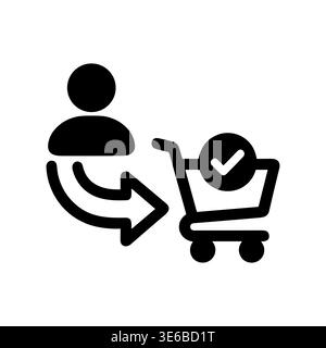 Black icon of a person and shopping cart, purchase completed Stock Vector