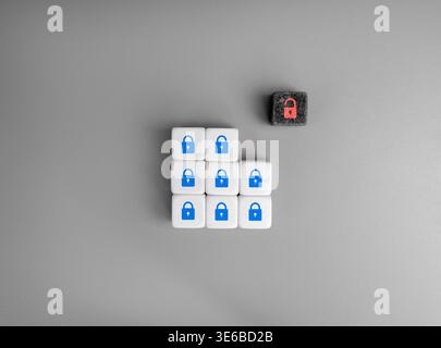 Cybersecurity and data protection concept with secure lock and one unlocked icons. Security breach, privacy vulnerability, cyber threat risk, informat Stock Photo
