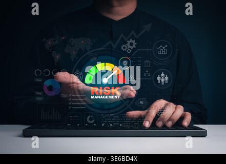 Risk management concept with digital dashboard, KPI monitoring and data analytics interface. Business risk analysis, cybersecurity strategy and enterp Stock Photo