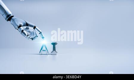 Artificial intelligence concept with robotic hand interacting with 3d AI text. Human and machine collaboration, innovation, automation, and advanced d Stock Photo