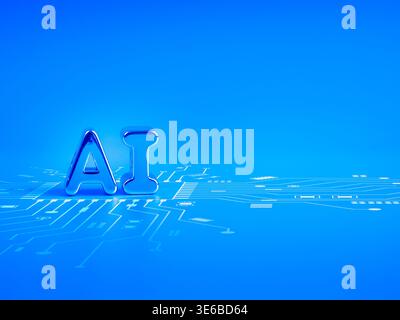 Artificial intelligence technology concept with glossy AI letters on futuristic circuit board background. Digital innovation, machine learning, data p Stock Photo