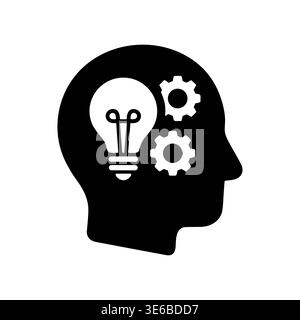 Black silhouette of head with light bulb and gears inside Stock Vector