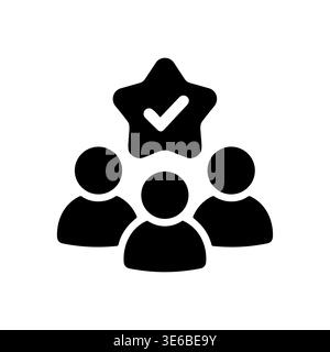Three people under star with checkmark, teamwork black glyph icon Stock Vector