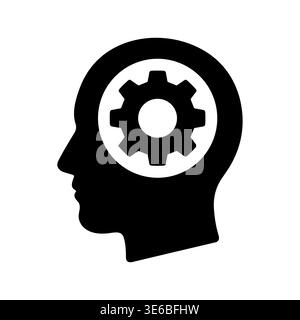 Head silhouette with gear inside, thinking process black icon Stock Vector
