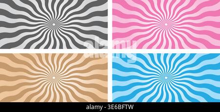 Four unique vector starburst backgrounds featuring wavy radial lines in diverse colors for dynamic graphic designs and abstract projects. Stock Vector