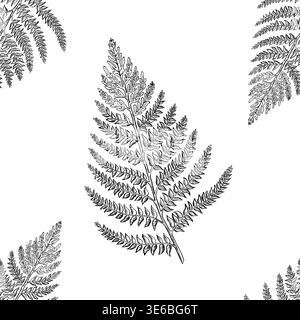 Fern. Seamless simple pattern. Hatching illustration of fern isolated on white background. Vector, hand-drawn Stock Vector