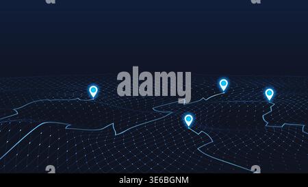 3D digital graphic of cityscape with location pins on dark, hilly terrain. Background concept wavy backdrop with particles dots. Vector illustration Stock Vector