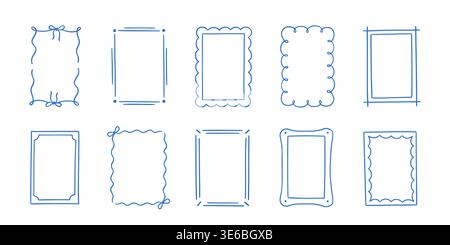 Frame border hand drawn line set. Frame border line hand drawn doodle rectangle vintage wavy bow picture. Cute whimsical decoration scallop squiggly curly wedding invitation. Vector illustration Stock Vector