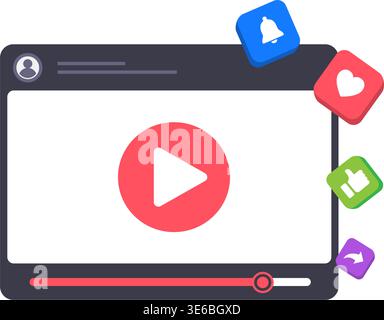Flat vector of a video interface featuring floating notification bell, heart, like, and share icons for social media. Stock illustration. Stock Vector