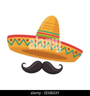 Traditional Mexican Sombrero with Handlebar Mustache Stock Vector