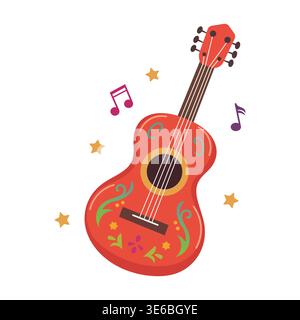 Ornate Acoustic Guitar with Floral Decorations and Musical Notes Stock Vector