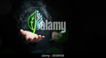 Businessman holding a glowing digital green leaf and circuit icon inside an earth globe. Global AI sustainability, environmental technology, and eco f Stock Photo