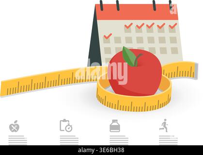 Comprehensive fitness concept featuring a calendar, measuring tape, and healthy apple for wellness tracking icons. Stock illustration. Stock Vector
