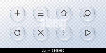 Set of liquid glass vector icons. Glass ui ux with button icon liquid. Web transparent background with frame rectangle frosted and computer square Stock Vector