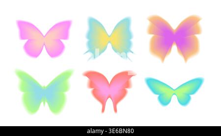 Blurred gradient Y2K sticker set of butterfly. Abstract vector art 90s - 2000s style Stock Vector