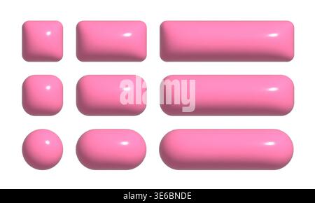 3d buttons collection for UI and UX design template. Realistic pink glossy squared and rounded badges Stock Vector