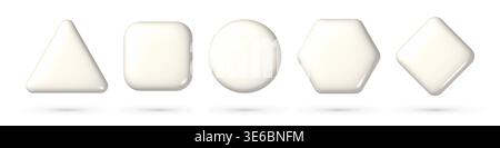 3d buttons set with basic forms: circle, square, triangle, rhomb, hexagon. White realistic badges collection isolated Stock Vector