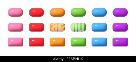 Colorful 3d buttons collection. UI UX design elements set. Realistic glossy squared and rounded badges. Stock Vector