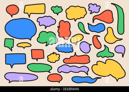 Colorful doodle speech bubbles collection. Trendy cloud textbox Stock Vector