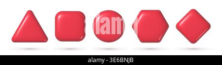 3d buttons set with basic forms: circle, square, triangle, rhomb, hexagon. Red realistic badges collection isolated Stock Vector