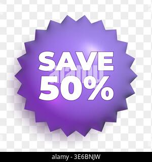 3d sale tag. Purple blue shining badge with 50 percent discount offer Stock Vector