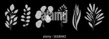 White dotted plants set isolated on black background. Halftone stipple vector illustration Stock Vector