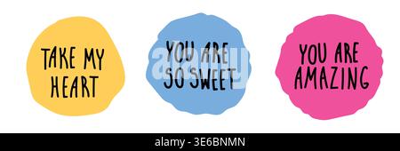 Trendy doodle round stickers set for Valentines Day. Cute love lettering Stock Vector