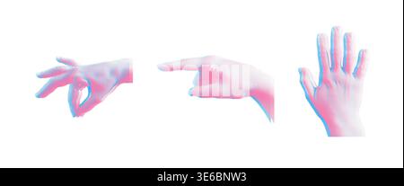 Collage element set with halftone hands riso print. Risograph style  blue and pink hand Stock Vector