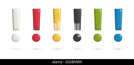 3d exclamation sign set. Collection of realistic colorful design elements or icons for Alert, Warning and Danger Stock Vector