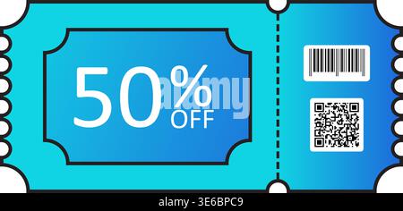 A sleek blue gradient ticket featuring barcode, and QR code. Optimized for mobile redemption, ecommerce, or tech forward promotional campaigns. Stock Vector