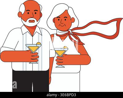 Flat style illustration of an older man and woman holding cocktails, smiling warmly against white background. Ideal for greeting cards, healthcare, or Stock Vector