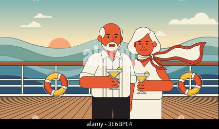 Senior man and woman on vacation. Cartoon elderly couple stands arm in arm on a cruise ship deck, over vibrant sunset and stylized waves. Ideal for re Stock Vector