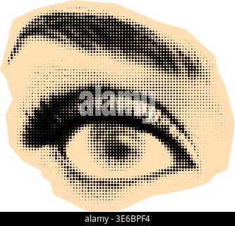 High contrast halftone dot pattern of a single eye with dramatic lashes, defined brow, and visible iris. Ideal for beauty campaigns, makeup ads, or re Stock Vector