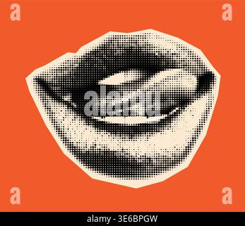 Playful halftone smile with visible tongue and subtle shading, on vivid red. Retro dot pattern. Suited for energetic branding, Valentines content, or Stock Vector