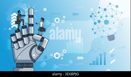 Collaboration of human and modern technology. Futuristic robotic hand with points upward, surrounded by floating tech icons like gears, brain, chart, Stock Vector