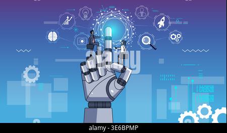 Collaboration of human and modern technology. Futuristic robotic hand with points upward, surrounded by floating tech icons like gears, brain, chart, Stock Vector