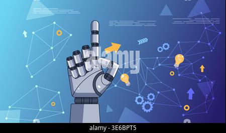 Futuristic blue technology robot hand points upward on HUD digital display. Futuristic robotic hand, surrounded by floating tech icons like gears, bra Stock Vector